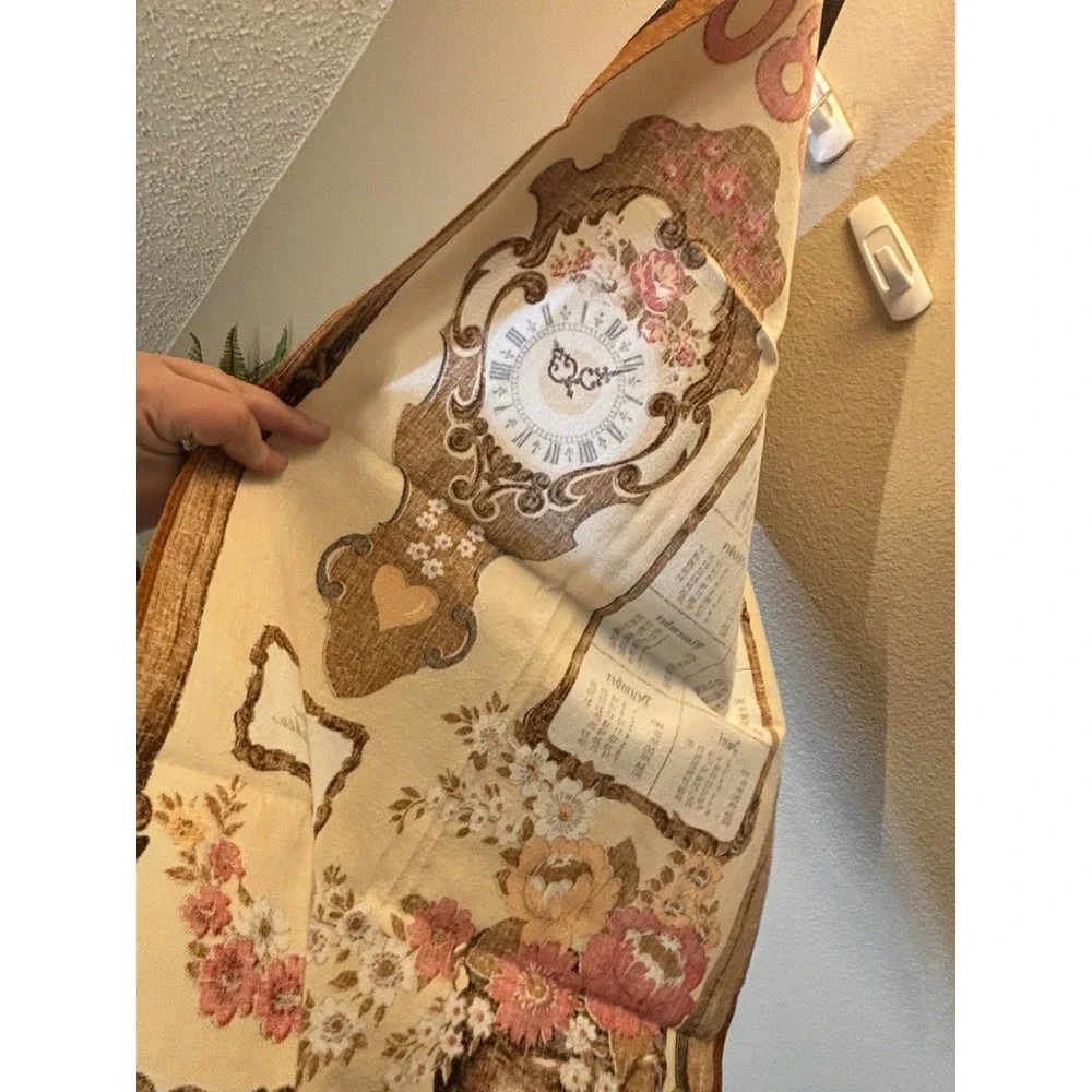 1980 German Clock Cloth Calendar Kitchen Tea Towel With Flowers Clean Condition